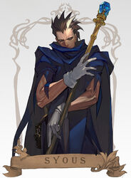  1boy bags_under_eyes black_hair blue_cape cape character_name dungeons_&amp;_dragons dungeons_&amp;_dragons:_shadow_over_mystara english_commentary gloves highres holding holding_staff male_focus morry multicolored_hair nose short_hair solo spiked_hair staff streaked_hair syous white_gloves white_hair wizard 