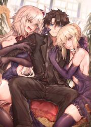  1boy 2girls absurdres ahoge alternate_costume arm_hug artoria_pendragon_(fate) belt belt_buckle black_belt black_dress black_footwear black_hair black_pants black_ribbon black_shirt black_shorts blue_coat blue_eyes blush breasts buckle coat dress elbow_gloves fate/grand_order fate_(series) fujimaru_ritsuka_(male) fujimaru_ritsuka_(male)_(royal_brand) gloves grey_hair hair_between_eyes hair_ribbon highres jealous jeanne_d&#039;arc_alter_(fate) jeanne_d&#039;arc_alter_(holy_night_supper)_(fate) jewelry long_hair long_sleeves looking_away multiple_girls open_mouth pants pointing ponytail ribbon ru_251 saber_alter shirt short_dress short_hair shorts sitting smug yellow_eyes 