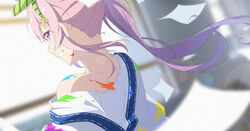  absurdres airani_iofifteen airani_iofifteen_(1st_costume) blurry blurry_background blurry_foreground blush commentary depth_of_field female from_behind green_hairband grin hairband highres hololive hololive_indonesia lens_flare long_hair looking_at_viewer looking_back off_shoulder paint_on_body paint_on_clothes paint_splatter paint_splatter_on_face palette_hair_ornament paper purple_eyes purple_hair shirt side_ponytail sidelocks single_bare_shoulder smile solo t1kosewad virtual_youtuber white_shirt 