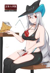  arknights bad_id bad_pixiv_id bag_of_chips bare_arms bare_shoulders bendy_straw between_breasts black_choker black_hat black_pants breasts can chips_(food) choker cleavage clothing_cutout collarbone commentary_request crop_top drink_can drinking_straw english_text feet_out_of_frame female food grey_hair hair_between_eyes hat highres inniyik long_hair looking_at_viewer medium_breasts navel pants parted_lips potato_chips red_eyes saliva simple_background sitting skadi_(arknights) soda_can solo table thigh_cutout very_long_hair white_background 