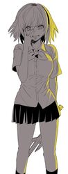  absurdres adachi_imaru aged_up arm_behind_back black_hairband breasts clenched_teeth collared_shirt commentary dress_shirt feet_out_of_frame female glaring grimace hair_between_eyes hairband hand_on_own_face highres higurashi_no_naku_koro_ni holding holding_sword holding_weapon houjou_satoko looking_at_viewer monochrome neckerchief onigari-no-ryuuou pleated_skirt school_uniform shirt short_hair short_sleeves simple_background skirt socks solo st._lucia_academy_school_uniform standing sword teeth weapon white_background 