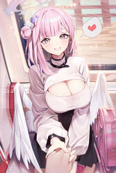  1other absurdres alternate_costume bad_id bad_pixiv_id blue_archive breasts cleavage commentary female hair_bun halo heart highres holding_hands huge_breasts long_hair long_sleeves looking_at_viewer mika_(blue_archive) muo_(muojjang_0929) out_of_frame pink_bag pink_hair pov pov_hands single_side_bun smile solo_focus spoken_heart very_long_hair yellow_eyes 