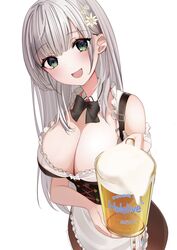  :d alcohol beer beer_mug black_bow black_bowtie blunt_bangs blush bodice bow bowtie breasts cleavage cup detached_collar dirndl dress female flower german_clothes green_eyes grey_hair hair_flower hair_ornament highres hololive huge_breasts long_hair looking_at_viewer mug official_alternate_costume official_alternate_hair_length official_alternate_hairstyle oktoberfest open_mouth shirogane_noel shirogane_noel_(dirndl) short_dress sleeveless sleeveless_dress smile solo straight_hair underbust very_long_hair virtual_youtuber wing_collar yoshioka_pochi 