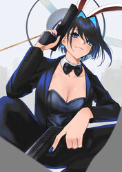  animal_ears black_bow black_bowtie black_hair black_jacket black_pants blue_eyes blush bow bow_earrings bowtie breasts cleavage closed_mouth detached_collar dual_wielding earrings fake_animal_ears fake_tail female gun hair_intakes halo handgun highres holding holding_gun holding_weapon hololive hololive_english jacket jewelry long_sleeves mechanical_halo open_clothes open_jacket ouro_kronii pants playboy_bunny rabbit_ears saco_(cgmore) solo squatting tail virtual_youtuber weapon 