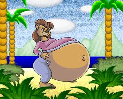  2019 anthro bear belly big_belly bottomwear breasts brown_body brown_fur brown_hair clothing cloud digital_media_(artwork) disney female fur hair huge_belly hyper hyper_belly mammal navel palm_tree pants plant pregnant pregnant_anthro pregnant_female rebecca_cunningham shrub sky solo sweater talespin thick_thighs topwear tree virus-20 water 