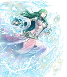  armlet asatani_tomoyo bare_shoulders belt bracelet breasts dress female fire_emblem fire_emblem:_mystery_of_the_emblem fire_emblem_awakening fire_emblem_heroes full_body gem green_eyes green_hair highres jewelry long_hair looking_away medium_breasts naga_(fire_emblem) navel non-web_source official_art open_mouth pale_skin parted_bangs pointy_ears sleeveless sleeveless_dress solo stomach tiara transparent_background turtleneck 