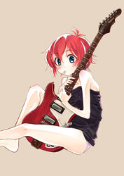  absurdres antenna_hair bad_id bad_pixiv_id bare_legs bare_shoulders barefoot blue_eyes electric_guitar female fender_stratocaster guitar hair_between_eyes highres idolmaster idolmaster_million_live! instrument julia_(idolmaster) looking_at_viewer looking_to_the_side mouth_hold nail_polish nitta_hiroto no_pants panties plectrum plectrum_in_mouth red_hair short_hair simple_background sitting solo underwear 