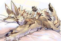  2019 4_toes absurd_res anthro ass bed black_nose canid canine canis countershading digital_media_(artwork) feet fluffy fur furniture hi_res jackal lifewonders lying male mammal nude on_front pawpads pillow seth_(tas) sleeping toes tokyo_afterschool_summoners tupidwithouts 