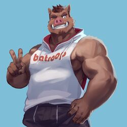  1:1 2019 anthro biceps clothing curtis_wuedti facial_hair fur hair hi_res male mammal muscular muscular_anthro muscular_male pecs shirt solo suid suina sus_(pig) tank_top topwear wild_boar 