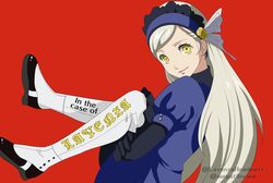  absurdres black_footwear commentary female hairband highres lavenza_(persona_5) layered_clothes long_hair looking_at_viewer megat0nraid parody persona persona_5 persona_5_the_animation puffy_short_sleeves puffy_sleeves red_background short_sleeves simple_background smile spats_(footwear) spoilers symbol-only_commentary twitter_username yellow_eyes 