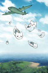  :3 aircraft airplane ambiguous_gender blue_sky blush cloud day domestic_cat dot_eyes felid feline felis fur group justduet mammal open_mouth open_smile parachute plant playerunknown&#039;s_battlegrounds sea sky skydiving smile tree vehicle water white_body white_fur 