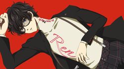  1boy amamiya_ren anarogiizu arm_up black_hair blazer clothes_writing commentary_request glasses hand_on_own_stomach highres jacket looking_at_viewer lying on_back open_clothes open_jacket pants parody parted_lips persona persona_5 persona_5_the_animation plaid plaid_pants red_background school_uniform shirt shuujin_academy_school_uniform simple_background suspenders turtleneck white_shirt 