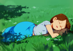  absurdres bad_id bad_pixiv_id blue_shirt blurry blurry_foreground brown_hair closed_eyes commentary day depth_of_field english_commentary facing_viewer female grass highres jcm2 lisa_loud long_hair lying on_grass on_ground on_side open_mouth outdoors shirt short_sleeves sleeping smile solo the_loud_house 