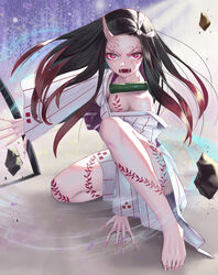  absurdres action angry bamboo barefoot bit_gag black_hair breasts cleavage commentary_request cracked_skin fangs female fingernails floating_rock gag gag_around_neck glowing glowing_eyes hair_ribbon highres horns japanese_clothes kamado_nezuko katana kimetsu_no_yaiba kimono long_hair looking_at_viewer multicolored_hair nekobell oni open_mouth photoshop_(medium) ribbon sharp_fingernails sharp_toenails single_horn slit_pupils small_breasts solo spoilers sword tattoo toenails unworn_gag very_long_fingernails very_long_hair weapon 