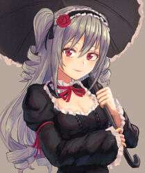  black_dress black_hairband black_ribbon black_umbrella breasts cleavage closed_mouth commentary_request dress drill_hair female flower gothic_lolita grey_background grey_hair hair_between_eyes hair_ribbon hairband holding holding_umbrella idolmaster idolmaster_cinderella_girls juliet_sleeves kanzaki_ranko lolita_fashion lolita_hairband long_sleeves medium_breasts moppo neck_ribbon over_shoulder puffy_sleeves red_eyes red_flower red_ribbon red_rose ribbon rose sleeves_past_wrists smile solo two_side_up umbrella upper_body wide_sleeves 