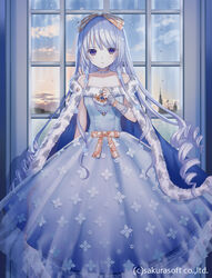  anastasia_(teikoku_senki) bad_id bad_pixiv_id bare_shoulders blue_cloak blue_dress blue_hair blue_sky bow cloak closed_mouth cloud commentary_request day dress female fur-trimmed_cloak fur-trimmed_dress fur_trim hair_between_eyes hairbow hand_up indoors looking_at_viewer purple_eyes ringlets see-through sky solo strapless strapless_dress teikoku_senki watermark window yuuki_rika 