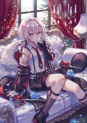  azur_lane bandage_on_knee bare_shoulders biting blue_flower blue_rose blush chandelier collared_shirt commentary couch curtains female flat_chest flower glove_biting gloves highres indoors jacket lamp long_sleeves looking_at_viewer low_ponytail medium_hair necktie on_couch petals purple_eyes red_necktie rose rose_petals shirt shoes shorts sitting socks solo suspender_shorts suspenders suzaku_(zaku6584) white_gloves white_hair white_shirt window z1_leberecht_maass_(&quot;rebellious&quot;_top_student)_(azur_lane) z1_leberecht_maass_(azur_lane) 