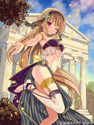  ;) architecture armlet armpits back_bow bad_id bad_pixiv_id bandeau barefoot blonde_hair blush bow bracelet breasts closed_mouth cloud cloudy_sky commentary_request copyright_name dancer dancer_(teikoku_senki) earrings feet_out_of_frame female flower from_below greco-roman_architecture hair_flower hair_ornament headdress jewelry leg_up light_rays long_hair looking_at_viewer looking_to_the_side medium_breasts navel one_eye_closed open_hands outdoors outstretched_arms parthenon petals purple_eyes sarong single_thighhigh sky smile solo spread_arms standing standing_on_one_leg stirrup_legwear striped sunbeam sunlight teikoku_senki thighhighs thighlet thighs toeless_legwear vertical_stripes very_long_hair white_thighhighs yuuki_rika 