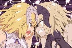  2girls angry armor blonde_hair blue_eyes chains clenched_teeth collar eyebrows_visible_through_hair fate/grand_order fate_(series) flat_color gin&#039;you_haru jeanne_d&#039;arc_(alter)_(fate) jeanne_d&#039;arc_(fate) jeanne_d&#039;arc_(fate)_(all) metal_collar multiple_girls neckwear open_mouth silver_hair sparks teeth yellow_eyes 