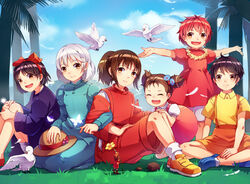  6+girls arrietty bird black_hair blue_eyes brown_hair commentary_request company_connection crossover day dress everyone flower gake_no_ue_no_ponyo hairband happy highres howl_no_ugoku_shiro karigurashi_no_arrietty kiki_(majo_no_takkyuubin) kusakabe_mei kusakabe_satsuki lolicon long_hair majo_no_takkyuubin multiple_girls no_socks ogino_chihiro ponyo ponytail red_hair sen_to_chihiro_no_kamikakushi shirajira_(pixiv7181724) short_hair skirt sky smile sophie_hatter studio_ghibli tied_hair tonari_no_totoro twintails white_bird white_hair 