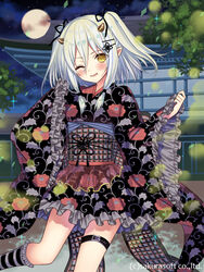  ;d amanojaku_(teikoku_senki) bad_id bad_pixiv_id belt belt_buckle black_belt black_kimono blush buckle commentary_request female floral_print frilled_kimono frilled_sleeves frilled_socks frills full_moon hair_between_eyes head_tilt japanese_clothes kimono kneehighs leg_belt long_sleeves moon night night_sky obi one_eye_closed open_mouth outdoors print_kimono sash see-through short_kimono sky sleeves_past_fingers sleeves_past_wrists smile socks solo standing standing_on_one_leg star_(sky) starry_sky striped_clothes striped_socks teikoku_senki thigh_belt thigh_strap two_side_up unmoving_pattern watermark white_hair wide_sleeves yellow_eyes yuuki_rika 