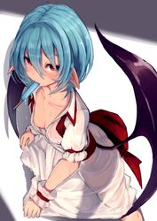  ass bat_wings blue_hair bow breasts cleavage collarbone commentary dress female food food_in_mouth from_above hair_between_eyes hat highres looking_at_viewer no_bra opanchu_(hakusen) pointy_ears popsicle puffy_short_sleeves puffy_sleeves red_bow red_eyes remilia_scarlet short_hair short_sleeves simple_background skirt_hold small_breasts solo standing sweat touhou unworn_hat unworn_headwear wet wet_clothes white_background white_dress wings wrist_cuffs 