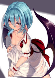  ass bat_wings blue_hair bow breasts cleavage collarbone commentary_request dress female food food_in_mouth from_above hair_between_eyes hat highres looking_at_viewer no_bra opanchu_(hakusen) pointy_ears popsicle puffy_short_sleeves puffy_sleeves red_bow red_eyes remilia_scarlet short_hair short_sleeves simple_background skirt_hold small_breasts solo standing sweat touhou unworn_hat unworn_headwear wet wet_clothes white_background white_dress wings wrist_cuffs 