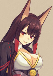  akagi_(azur_lane) animal_ears azur_lane black_hair breasts cleavage commentary_request eyeliner female fox_ears japanese_clothes large_breasts long_hair looking_at_viewer makeup moppo open_mouth orange_eyes smile solo straight_hair upper_body 