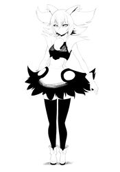  anthro boots braixen breasts clothed clothing dress eyebrows eyelashes female footwear generation_6_pokemon gloves handwear humanoid legwear mammal monochrome nintendo pokemon pokemon_(species) small_breasts solo stockings stormcow thigh_highs 