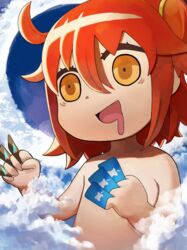  ahoge apple_inc. brand_name_imitation chibi cloud commentary crazy_eyes drooling fate/grand_order fate_(series) female fujimaru_ritsuka_(female) giant giantess gift_card google_play greentanuki highres itunes_card logo nude one_side_up orange_eyes orange_hair parody riyo_(lyomsnpmp)_(style) solo style_parody 