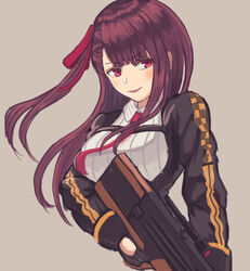  black_gloves breasts bullpup commentary_request female framed_breasts girls&#039;_frontline gloves gun hair_ribbon holding holding_gun holding_weapon long_hair long_sleeves medium_breasts moppo necktie one_side_up open_mouth pink_eyes pink_necktie purple_hair red_ribbon ribbon rifle smile sniper_rifle solo straight_hair wa2000_(girls&#039;_frontline) walther walther_wa_2000 weapon 