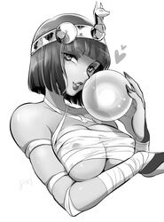  alternate_costume blunt_bangs bob_cut breasts budget_sarashi cleavage commentary_request covered_nipples crystal_ball dark-skinned_female dark_skin egyptian egyptian_clothes eyelashes eyeshadow female greyscale heart large_breasts lipstick looking_at_viewer makeup marimo_(yousei_ranbu) menat monochrome nail_polish sarashi short_hair solo street_fighter street_fighter_v tiara underboob upper_body wrist_wrap 