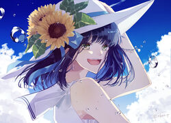  arm_up bead_bracelet beads blue_hair blue_sky bracelet cloud commentary day earrings female flower green_eyes hair_flower hair_ornament hand_on_headwear jewelry medium_hair open_mouth original outdoors school_uniform seikai_meguru serafuku sky smile solo twitter_username upper_body water_drop white_headwear 