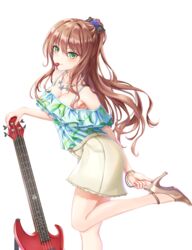  absurdres adjusting_footwear ankle_strap bang_dream! bare_shoulders bass_guitar black_bow blue_flower blue_rose bow bracelet breasts brown_footwear brown_hair cleavage collarbone commentary_request female flower frilled_shirt frills from_side green_eyes guitar hair_flower hair_ornament hairbow half_updo high_heels highres imai_lisa instrument jewelry leaf_print long_hair looking_at_viewer medium_breasts miniskirt mouth_hold multicolored_clothes multicolored_shirt necklace off-shoulder_shirt off_shoulder plectrum plectrum_in_mouth print_shirt pumps rose shirt simple_background skirt smile solo standing standing_on_one_leg star-ring star_(symbol) star_necklace strappy_heels white_background 