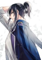  1boy bad_id bad_pixiv_id black_hair blue_jacket collared_shirt from_side hair_between_eyes jacket k-project looking_at_viewer male_focus noes open_clothes open_jacket parted_lips ponytail profile shirt sidelocks simple_background solo upper_body white_background white_shirt wing_collar yatogami_kurou yellow_eyes 