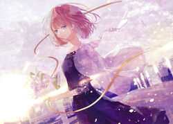  black_dress blue_eyes blurry blurry_background bouquet commentary_request day dress dutch_angle female flower holding holding_bouquet lens_flare long_neck looking_at_viewer original outdoors partial_commentary red_hair ribbon seikai_meguru short_hair standing 