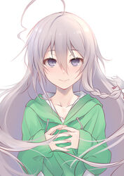  absurdres ahoge blush braid collarbone commentary_request female green_hoodie grey_eyes grey_hair hair_between_eyes highres hood hoodie hoshi_syoko idolmaster idolmaster_cinderella_girls kiyu_rei long_hair long_sleeves looking_at_viewer own_hands_together ribbon side_braid single_braid smile solo upper_body 