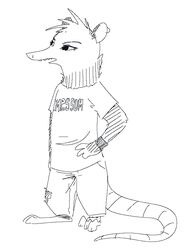  2019 ambiguous_gender american_opossum anthro barefoot biped black_and_white blue_and_white bottomwear clothed clothing ear_piercing ear_ring english_text feet fuel_(artist) hand_on_hip head_tuft mammal marsupial monochrome neck_tuft open_mouth piercing ring_piercing shirt simple_background solo standing text text_on_clothing text_on_shirt text_on_topwear topwear torn_bottomwear torn_clothing tuft virginia_opossum white_background wristband zelda_(fuel) 