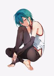  1other ahoge androgynous armpits bad_id bad_twitter_id barefoot chinese_clothes feet full_body green_hair hands_on_feet head_on_knee highres konbu_wakame nijisanji other_focus purple_eyes ryuushen short_hair soles solo toes virtual_youtuber 