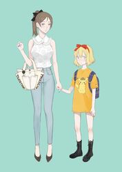  2girls alternate_hairstyle bag banira_(oocooocooocoo) black_hair blonde_hair blue_eyes blush breasts cameo commentary denim detective_pikachu detective_pikachu_(character) detective_pikachu_(movie) frown girls_und_panzer hair_ribbon hairband hand_up highres holding_hands jeans katyusha_(girls_und_panzer) large_breasts long_hair multiple_girls nail_polish no_pants nonna_(girls_und_panzer) pants pikachu poke_ball pokemon pokemon_(creature) ribbon short_hair smile 