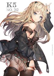  a_maru absurdres artist_name ass bad_id bad_pixiv_id bare_shoulders black_choker black_jacket blue_eyes braid breasts brown_hair brown_shirt brown_thighhighs character_name choker closed_mouth cowboy_shot daewoo_k5 female floating_hair french_braid girls&#039;_frontline gun hair_ornament hand_up handgun highres holding holding_gun holding_weapon index_finger_raised jacket k5_(girls&#039;_frontline) long_hair long_sleeves looking_at_viewer medium_breasts name_connection object_namesake off_shoulder open_clothes open_jacket shirt sidelocks sleeveless sleeveless_shirt smile solo standing thighhighs twitter_username weapon 