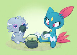  2019 2_toes ambiguous_gender beverage blue_body blue_fur container cup digital_media_(artwork) drinking duo espurr feet felid feline fur generation_2_pokemon generation_6_pokemon gloves_(marking) gradient_background green_background grey_body grey_fur holding_container holding_cup holding_object leg_markings mammal markings nintendo pink_eyes pokemon pokemon_(species) rug signature simple_background sitting smile sneasel socks_(marking) tea teapot toes vaporotem 