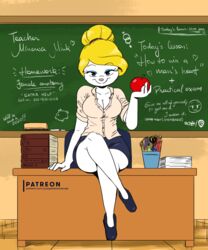  2019 5:6 absurd_res animaniacs anthro apple blonde_hair blouse blue_bottomwear blue_chair blue_clothing blue_footwear blue_shoes blue_skirt book book_stack bottomwear breasts chalk chalkboard classroom cleavage clothed clothing crossed_legs desk drawing emoji english_text female female_symbol food footwear front_view fruit fully_clothed fur furniture gender_symbol grade hair hair_bun heart_after_name heart_after_text heart_symbol heart_writing hearts_around_text hi_res holding_apple holding_food holding_fruit holding_object information_board inside joaoppereiraus looking_at_viewer male/female_symbol male_symbol mammal minerva_mink mink mustelid musteline number on_desk paper pen pencil_skirt phone_number pink_nose plant pupils school scissors sexuality_symbol shoes sitting skirt smile solo stack symbol table tan_dress_shirt teacher text text_emphasis text_with_emanata text_with_heart tight_clothing topwear true_musteline underline warner_brothers white_body white_fur writing_utensil year 