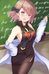  :o armpits azur_lane bare_shoulders black_bow black_necktie black_shirt black_skirt blurry blurry_background blush bow breasts brown_hair brown_pantyhose chalkboard coat commentary cowboy_shot cursive depth_of_field eraser female glasses hairbow hand_up highres holding kurai_masaru long_sleeves looking_at_viewer medium_breasts miniskirt necktie off_shoulder official_alternate_costume open_clothes open_coat open_mouth pantyhose pencil_skirt purple_eyes shirt short_hair sideboob skirt sleeveless sleeveless_shirt solo standing white_coat wing_collar z23_(azur_lane) z23_(philosophy_sensei)_(azur_lane) 