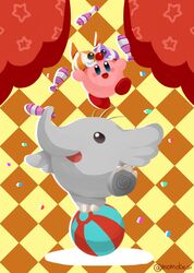  ball black_eyes blue_eyes blush checkered checkered_background clothing curtains duo elephant elephantid grey_body grey_skin hat headgear headwear juggling kirby kirby_(series) mammal momobosi nintendo pattern_background phan_phan pink_body pink_skin proboscidean simple_background waddling_head 