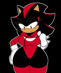  2019 anthro better_version_at_source black_background black_body black_fur clothing cosplay eulipotyphlan female fur gloves handwear hedgehog heterochromia hoodie jadegullyzone mammal mtf_crossgender outline red_body red_clothing red_eyes red_fur red_topwear rule_63 sega shadow_the_hedgehog simple_background solo sonic_the_hedgehog_(series) thick_thighs topwear wide_hips 