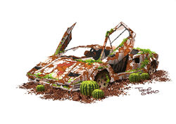  artist_name broken_glass cactus car circle_name commentary_request dirt glass grass lamborghini lamborghini_countach motor_vehicle no_humans open_door original photoshop_(medium) post-apocalypse ruins rust scissor_doors simple_background sports_car tokyogenso vehicle_focus white_background wreckage 