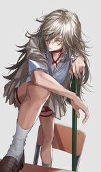  ashita_kura bondage breasts brown_hair chair commentary_request desk female hair_over_one_eye highres kneehighs long_hair looking_at_viewer original pleated_skirt red_rope rope school_uniform shibari_under_clothes skirt socks solo very_long_hair white_socks yellow_eyes 