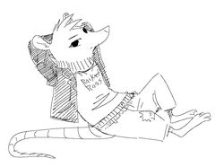  2019 ambiguous_gender american_opossum anthro barefoot biped black_and_white bottomwear clothed clothing english_text feet fuel_(artist) hands_behind_head head_tuft jacket looking_at_viewer mammal marsupial monochrome neck_tuft open_clothing open_jacket open_topwear reclining shirt simple_background solo text text_on_clothing text_on_shirt text_on_topwear topwear torn_bottomwear torn_clothing tuft virginia_opossum white_background zelda_(fuel) 