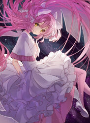  breasts choker commentary dot_nose dress female floating floating_hair frilled_dress frilled_sleeves frills gloves hair_ribbon hand_on_own_chest head_tilt high_heels highres kaname_madoka light_particles long_dress long_hair mahou_shoujo_madoka_magica mahou_shoujo_madoka_magica_(anime) pink_choker pink_hair pink_thighhighs pumps ribbon sky small_breasts solo soul_gem star_(sky) starry_sky thighhighs ultimate_madoka very_long_hair wataru_kuri white_dress white_footwear white_gloves white_ribbon wide_sleeves yellow_eyes 